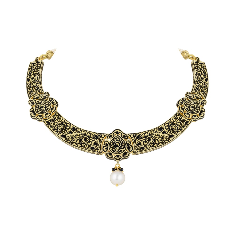 Black Enamel Hasli Necklace with Polki & Gold Floral Motifs